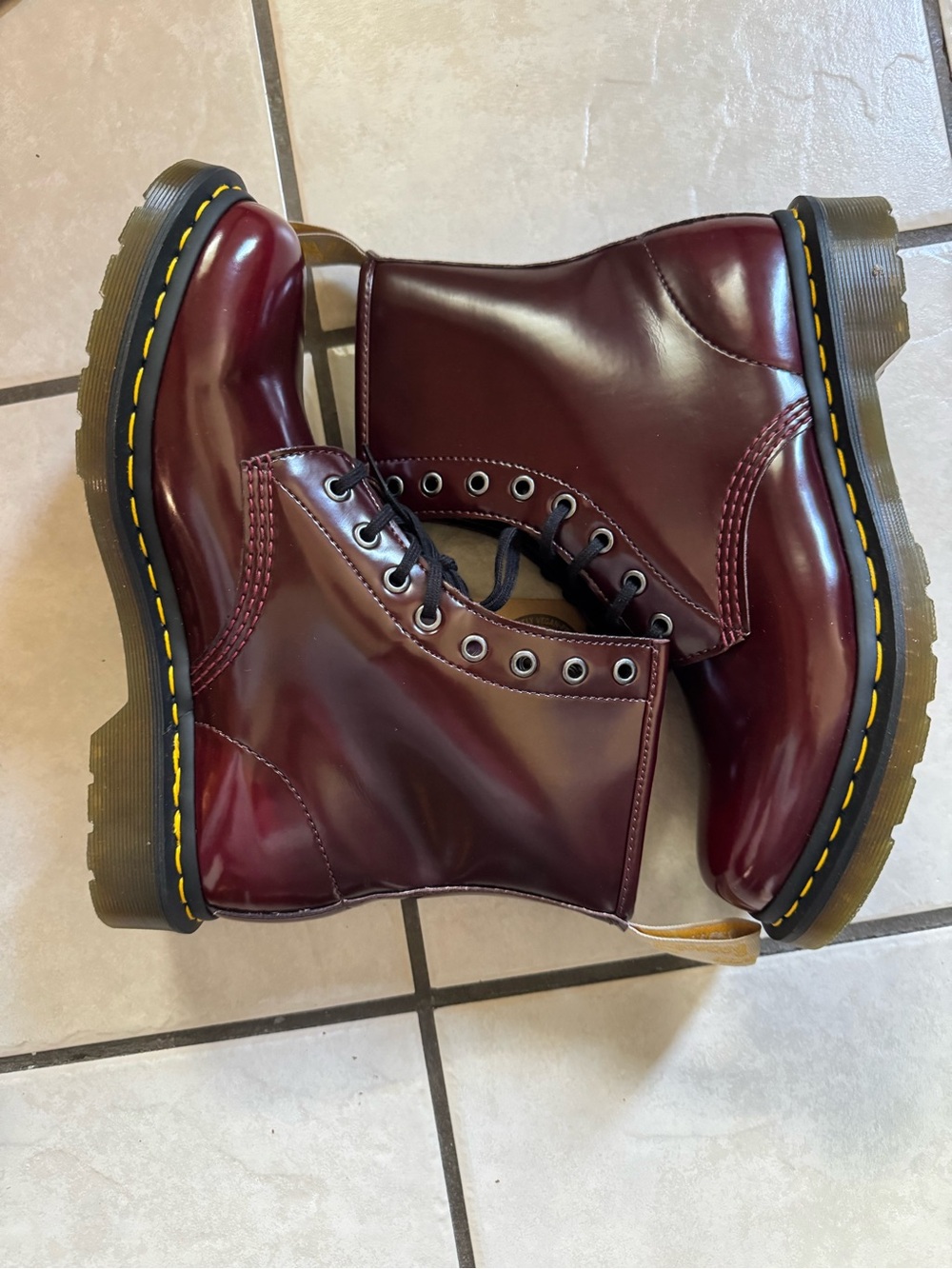 Classic Dr martens Lace-Up Combat Boots in Cherry Red with Yellow Stitching